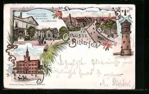 Lithographie Bitterfeld, Bahnhof, Kaiser-Strasse und Rathaus