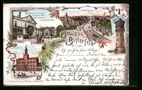 Glitzer-Perl-Lithographie Bitterfeld, Bahnhof, Kaiserstrasse, Wasserturm ud Rathaus