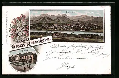 Lithographie Rosenheim, Hotel Kaiserbad, Totalansicht aus der Vogelschau