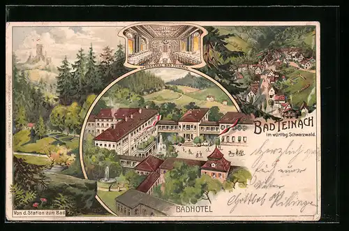 Lithographie Bad Teinach im Schwarzwald, Badhotel mit Innenansicht des Speisesaals