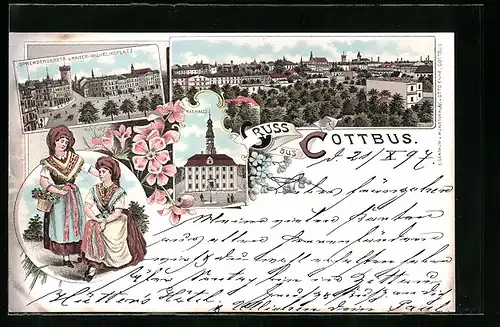 Lithographie Cottbus, Sprembergerstrasse und Kaiser Wilhelmsplatz, Rathaus, Panorama