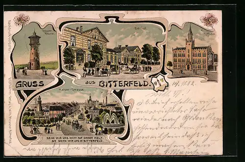 Lithographie Bitterfeld, Wasserturm, Bahnhof, Rathaus und Kaiserstrasse