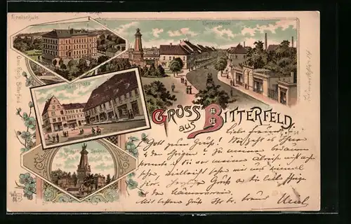 Lithographie Bitterfeld, Realschule, Marktplatz, Krieger-Denkmal