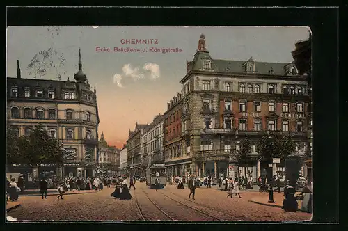 AK Chemnitz, Hotel Central Ecke Brücken- u. Königstrasse mit Geschäften und Strassenbahn