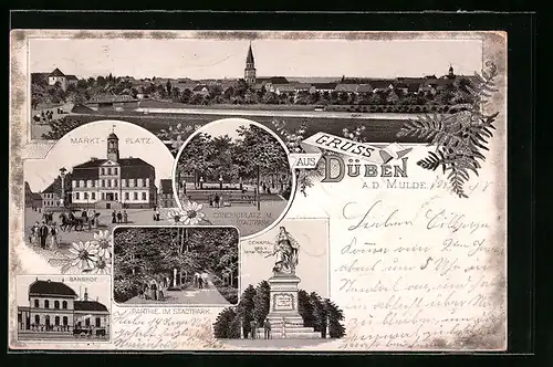 Lithographie Düben a. d. Mulde, Marktplatz, Bahnhof, Partie im Stadtpark