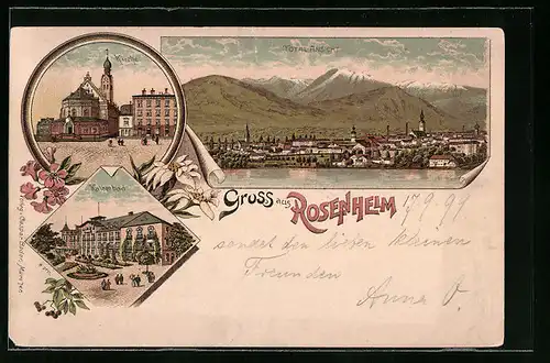 Lithographie Rosenheim, Hotel Kaiserbad, Kirche, Teilansicht