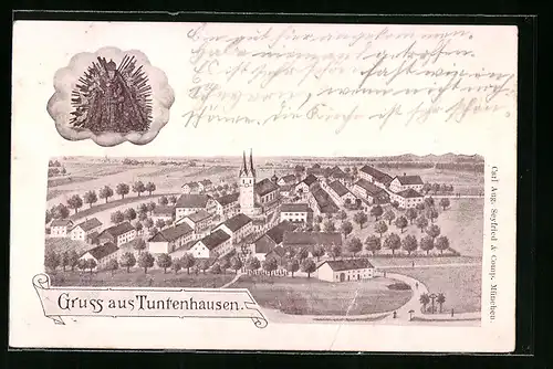 Künstler-AK Tuntenhausen, Teilansicht mit Kirche, Gnadenbild
