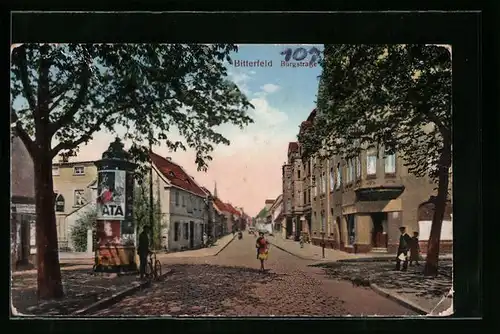 AK Bitterfeld, Burgstrasse mit Zigarrengeschäft und Litfasssäule