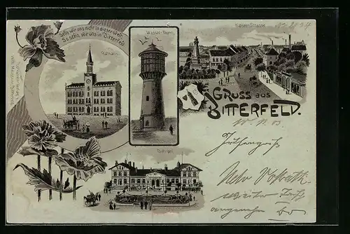 Mondschein-Lithographie Bitterfeld, Rathaus, Bahnhof, Wasser-Turm