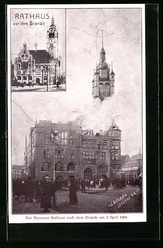 AK Dessau, Rathaus vor und nach dem Brande 1910