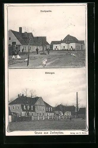 AK Zschepkau, Rittergut, Strassenpartie im Dorf