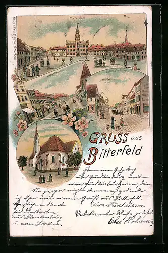 Lithographie Bitterfeld, Hallesche Strasse, Marktplatz, Burgstrasse