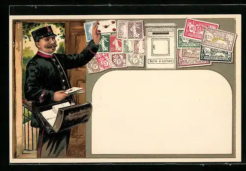 Präge-AK Postbote mit Briefen und Briefmarken