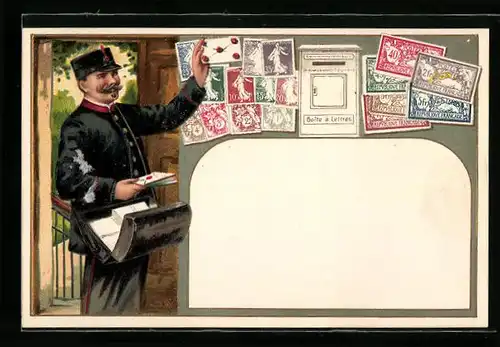 Präge-AK Postbote mit Siegelbrief und Briefmarken