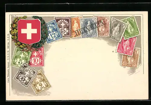 Künstler-AK Schweizerische Briefmarken mit Wappen