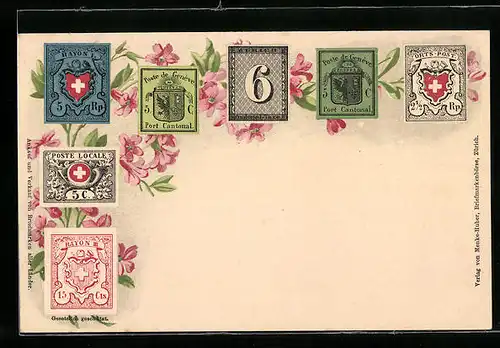 AK Schweizer Briefmarken, Rosa Blumen