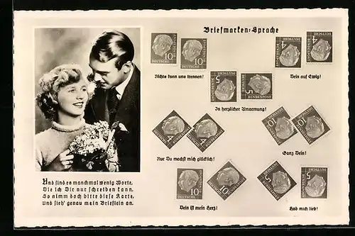 AK Briefmarkensprache, Rosen in Vase, Theordor Heuss, Motivsprüche, Ganz dein, Hab mich lieb