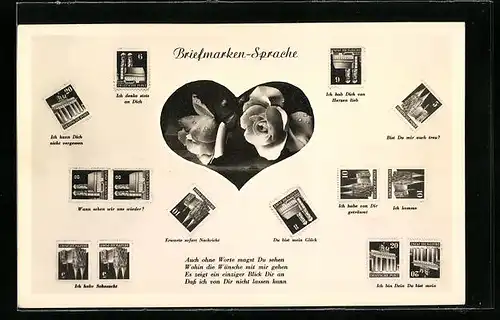 AK Briefmarkensprache, Rosen mit Herz-Motiv, Ich denke stets an Dich