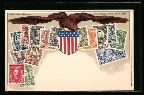 Lithographie Amerikanische Briefmarken mit Adler und Wappen