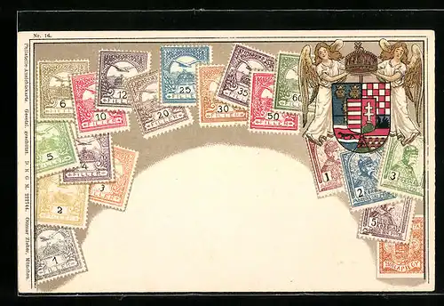 Lithographie Ungarn, Briefmarken und Wappen