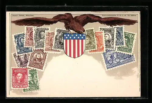 Lithographie Briefmarken der USA mit Adler und Wappen