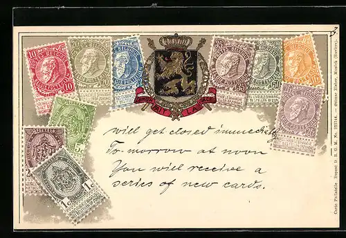 Präge-AK Briefmarken Belgiens mit Wappen