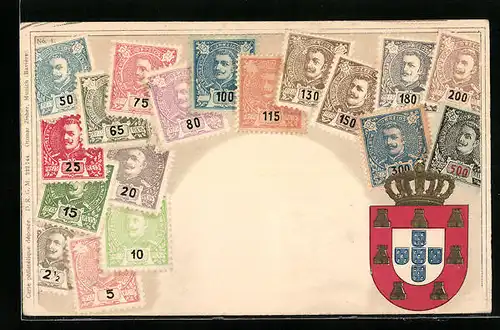 Präge-AK Portugal, Briefmarken und Wappen