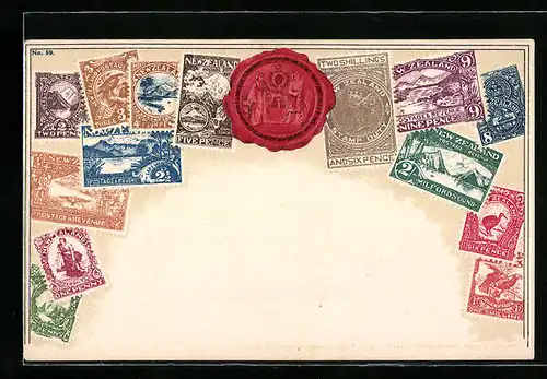 Präge-AK Briefmarken und rotes Siegel von Neuseeland