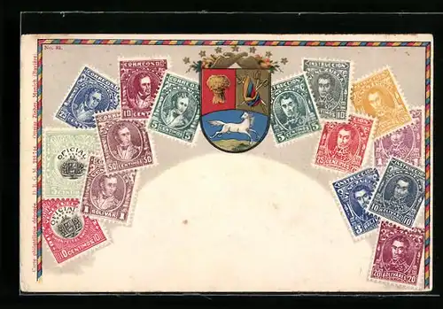 Präge-Lithographie Venezuela, Briefmarken und Wappen, Bolivar