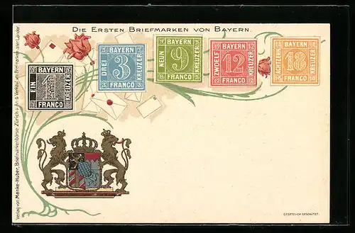 Lithographie Die ersten Briefmarken von Bayern mit Wappen