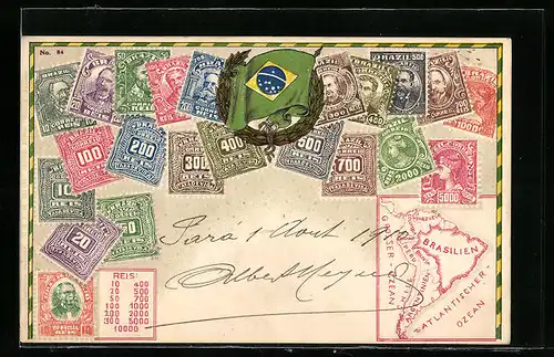 Präge-AK Briefmarken von Brasilen mit Wappen