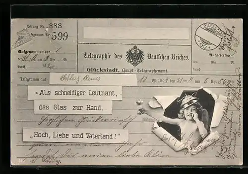 AK Postgeschichte, Als schneidiger Leutnant, das Glas zur Hand Hoch, Liebe und Vaterland!, Engel mit Ulanenhelm