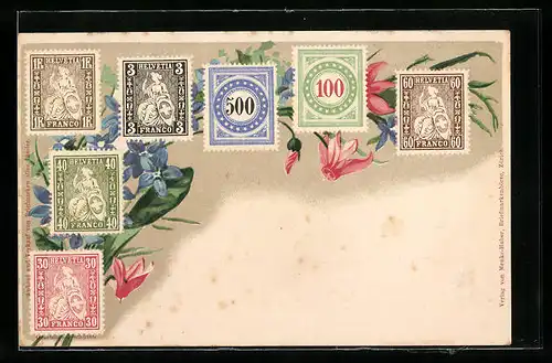 Künstler-AK Schweizer Briefmarken und Blumen