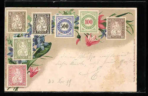 Künstler-AK Schweizer Briefmarken und Blumen