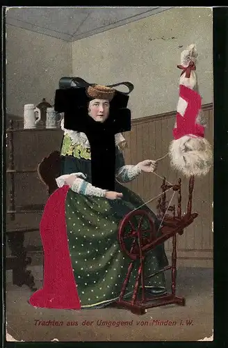 AK Minden i. W., Frau in Tracht am Spinnrad