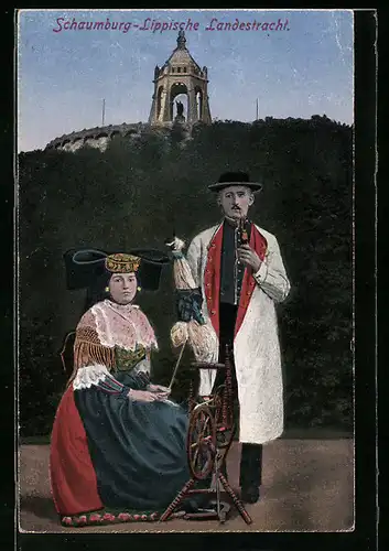 AK Frau am Spinnrad mit einem Mann, Schaumburg-Lippische Landestracht