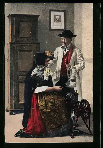 AK Minden, Mann und Frau in Tracht am Spinnrad