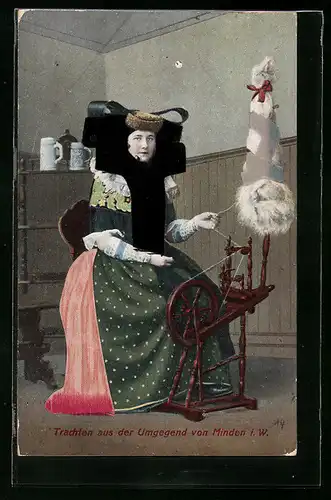 AK Minden i. W., Frau in Tracht am Spinnrad