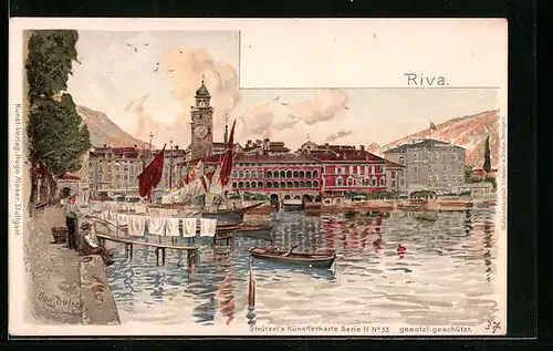 Künstler-AK Otto Strützel: Riva, Ortspartie mit kleinem Hafen