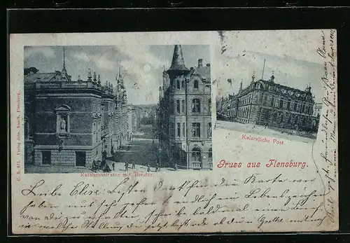 AK Flensburg, Rathhausstrasse mit Theater, Kaiserliche Post