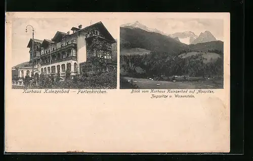 AK Partenkirchen, Hotel Kurhaus Kainzenbad, Blick vom Kurhaus auf Alpspitze, Zugspitze und Waxenstein