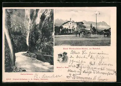 AK Partenkirchen, Hotel Werdenfelser-Michel am Bahnhof, Partnachklamm