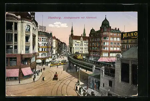 AK Hamburg, Zigarrenfabrik am Rödingsmarkt mit Strasse Alterwall und Strassenbahn