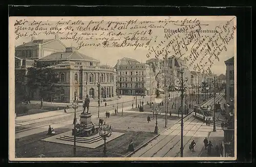 AK Düsseldorf, Alleestrasse mit Denkmal und Strassenbahn
