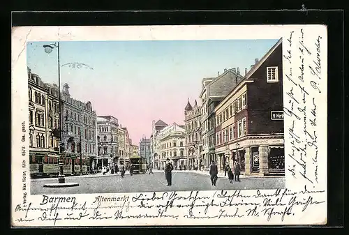 AK Barmen, Altenmarkt mit Geschäften und Strassenbahn