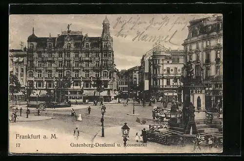 AK Frankfurt a. M., Rossmarkt mit Geschäften, Gutenberg-Denkmal und Strassenbahn