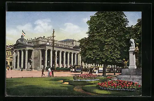 AK Stuttgart, Königsbau mit Denkmal und Strassenbahn