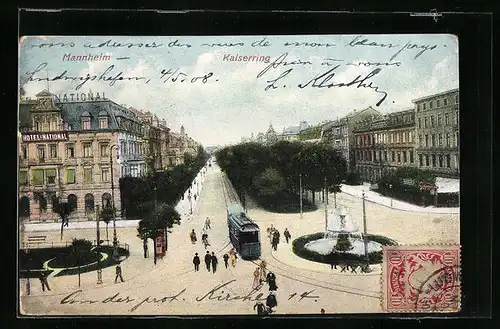 AK Mannheim, Strasse Kaiserring mit Hotel-National und Strassenbahn