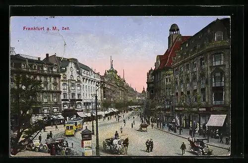AK Frankfurt a. M., Zeil mit Geschäften und Strassenbahn