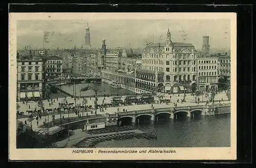 AK Hamburg, Alsterarkaden und Reesendammbrücke mit Strassenbahn